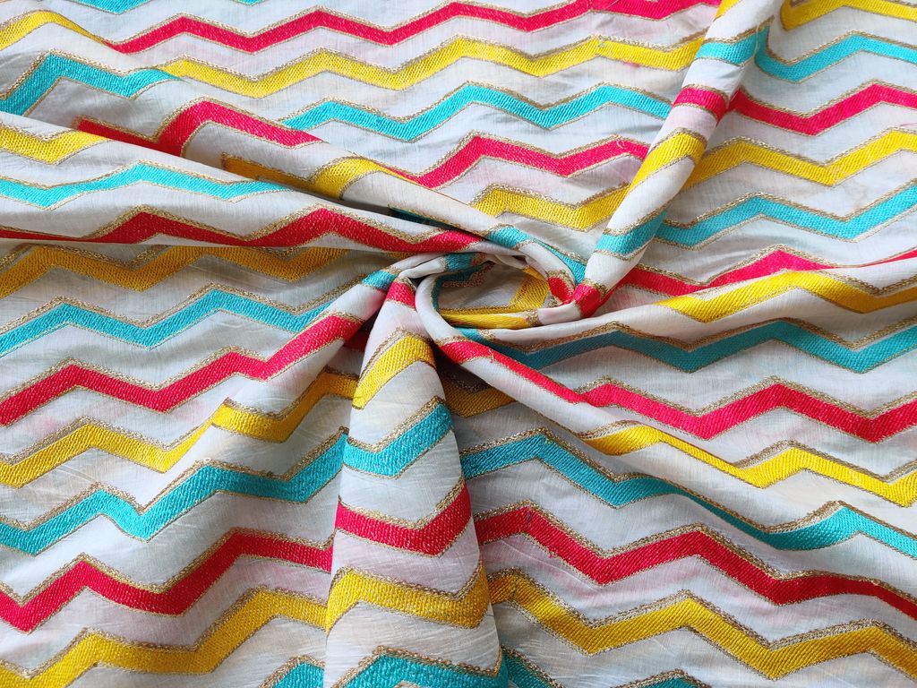 White Multicolored Chevron Embroidered Chanderi Fabric
