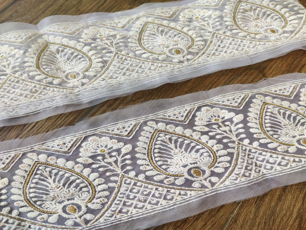 White Golden Dyeable Designer Organza Border