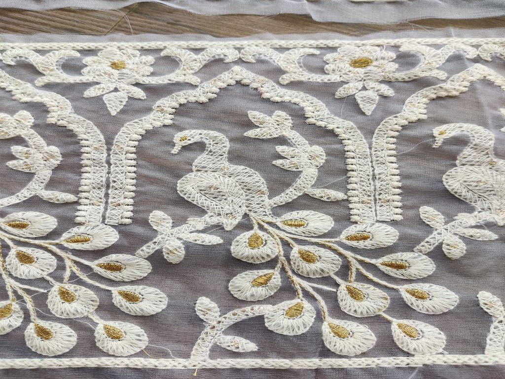 White Dyeable Peacock Motifs Lakhnavi Embroidered Organza Border