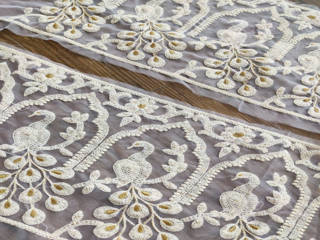 White Dyeable Peacock Motifs Lakhnavi Embroidered Organza Border