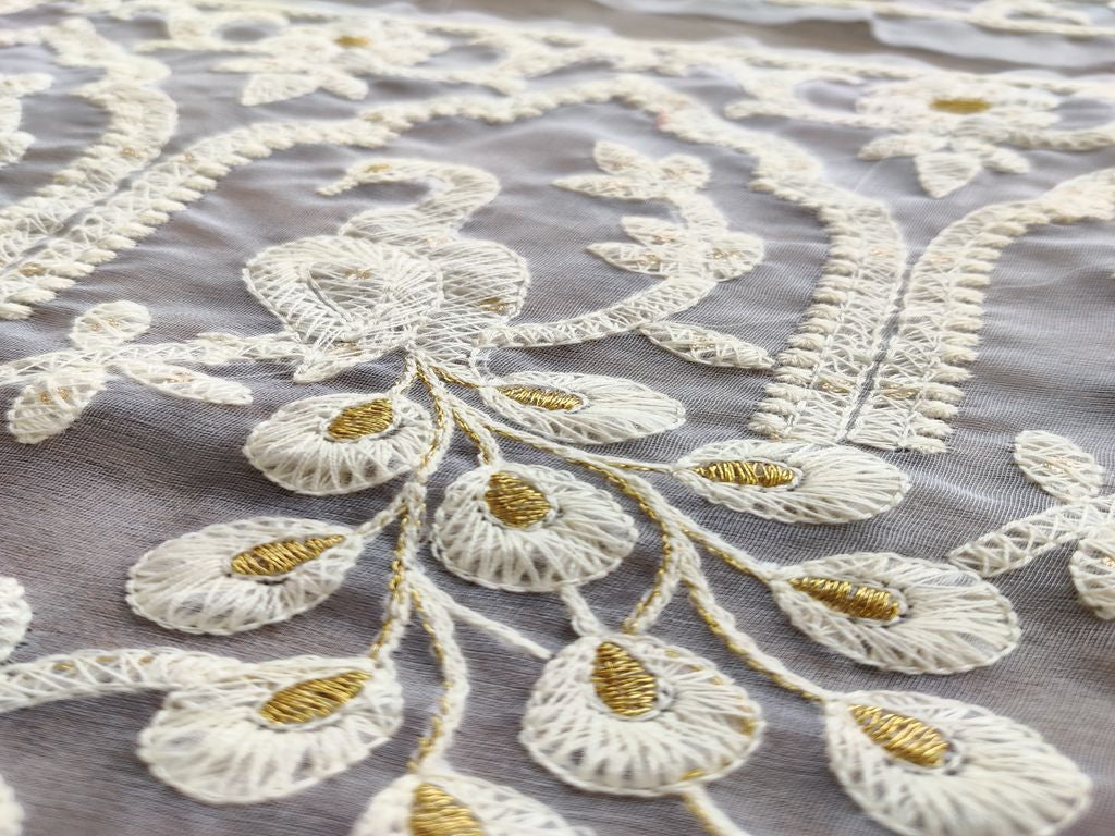 White Dyeable Peacock Motifs Lakhnavi Embroidered Organza Border