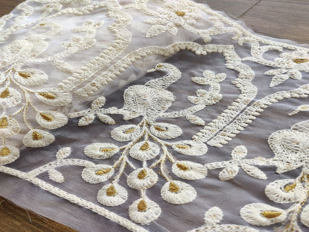 White Dyeable Peacock Motifs Lakhnavi Embroidered Organza Border