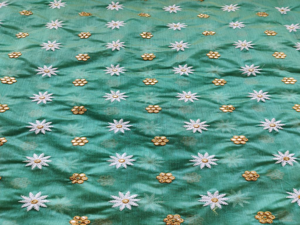 Sea Blue Lakhnawi Flowers Embroidered Chanderi Fabric with Mirror Work
