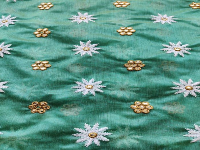 Sea Blue Lakhnawi Flowers Embroidered Chanderi Fabric with Mirror Work