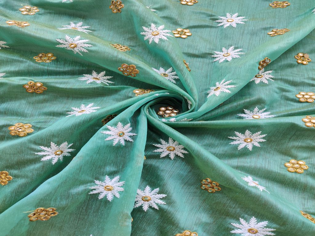 Sea Blue Lakhnawi Flowers Embroidered Chanderi Fabric with Mirror Work