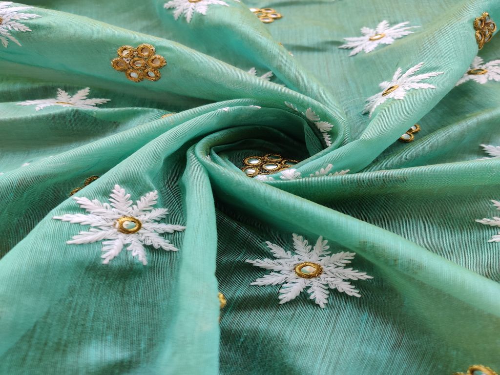 Sea Blue Lakhnawi Flowers Embroidered Chanderi Fabric with Mirror Work