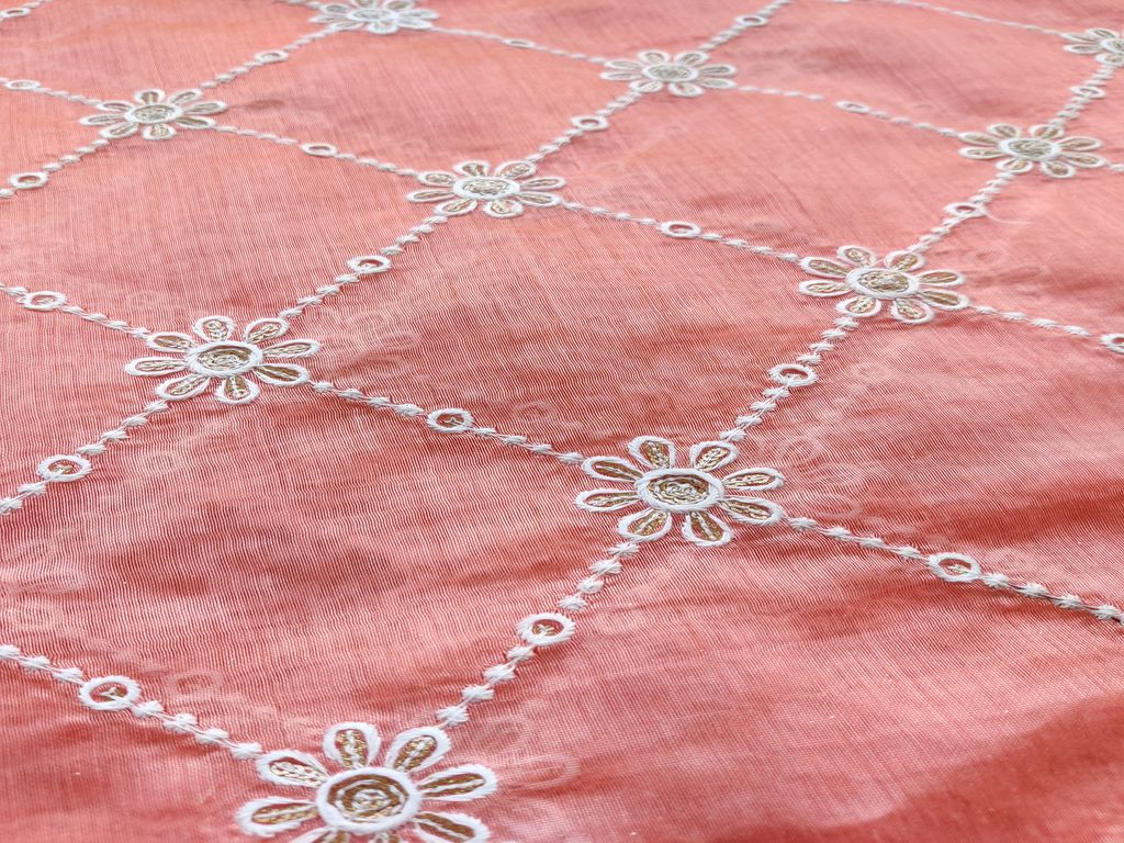 Peach White Flowers Rose Gold Sequins Work Embroidered Chanderi Fabric