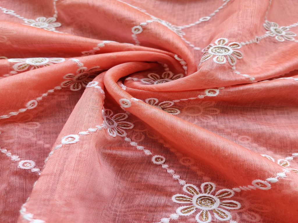 Peach White Flowers Rose Gold Sequins Work Embroidered Chanderi Fabric