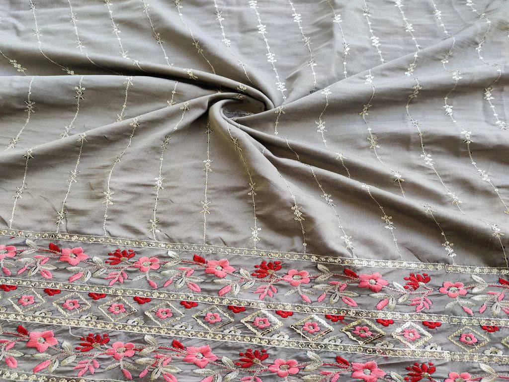 Grey Multicolor Silver Sequins and Thread Embroidered Taffeta Silk Fabric