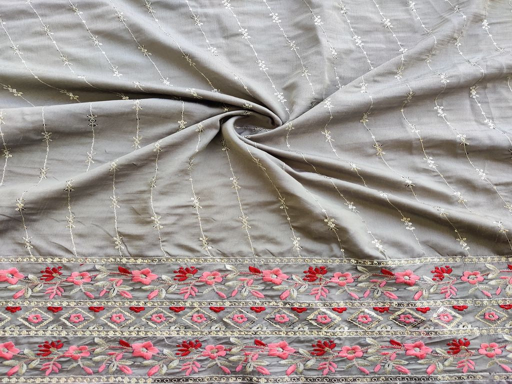 Grey Multicolor Silver Sequins and Thread Embroidered Taffeta Silk Fabric