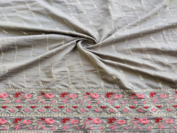 Grey Multicolor Silver Sequins and Thread Embroidered Taffeta Silk Fabric