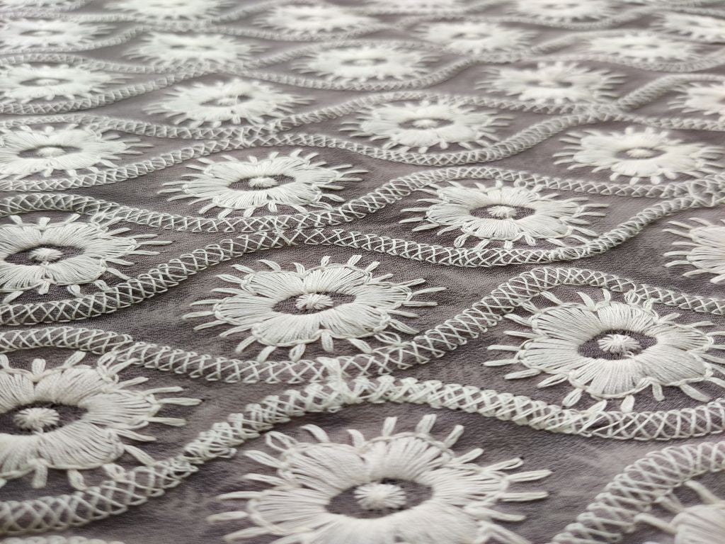 Grey White Chikankari Embroidered Georgette Fabric