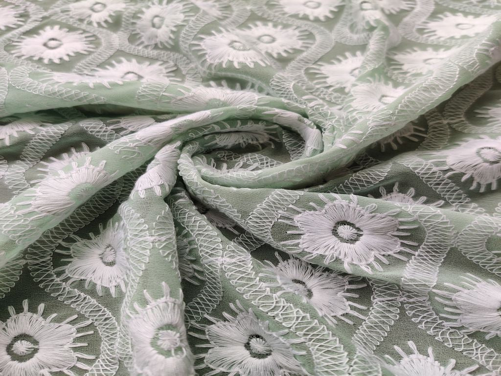 Mint Green White Thread Chikankari Embroidered Georgette