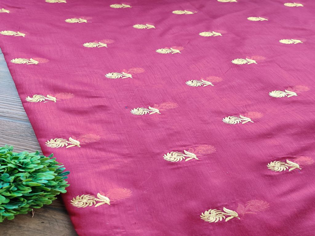 Maroon Golden Flowers Embroidered Chanderi Fabric