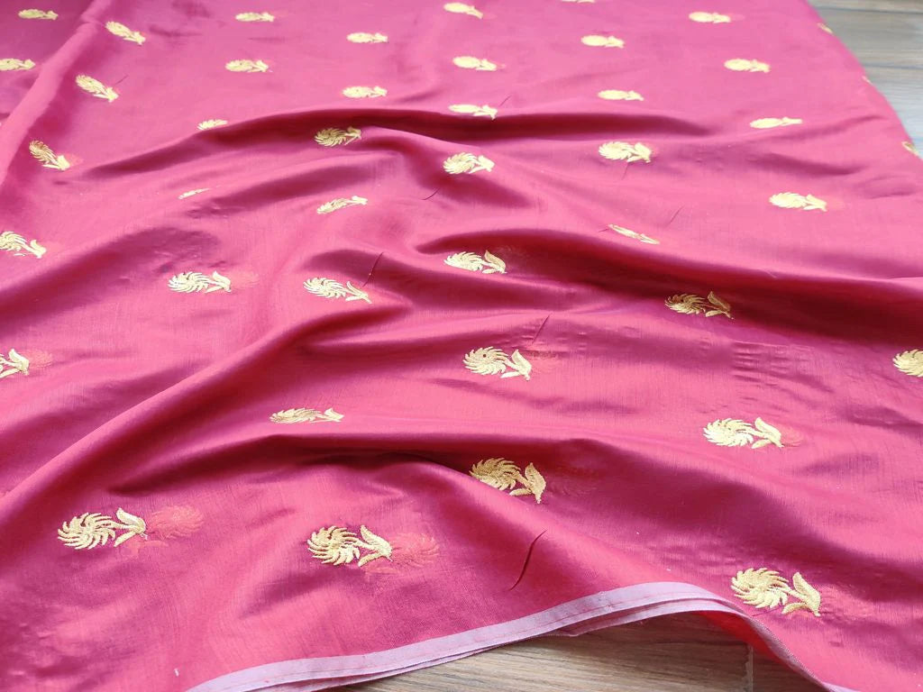 Maroon Golden Flowers Embroidered Chanderi Fabric