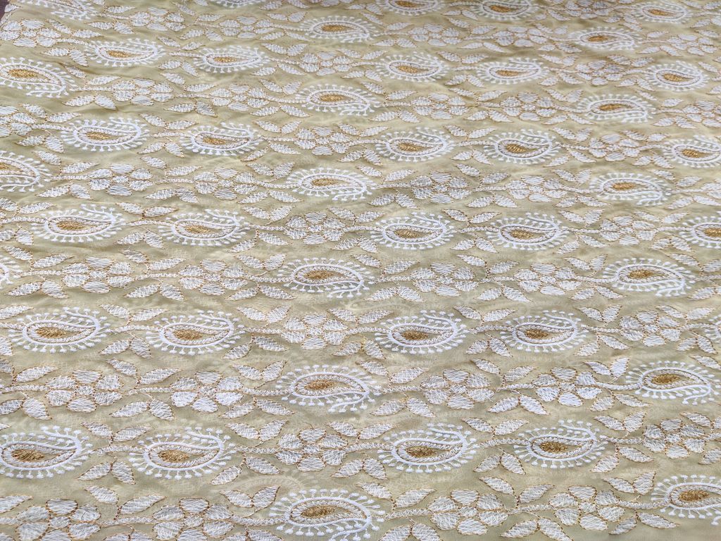 Yellow White Golden Zari Chikankari Embroidered Georgette Fabric