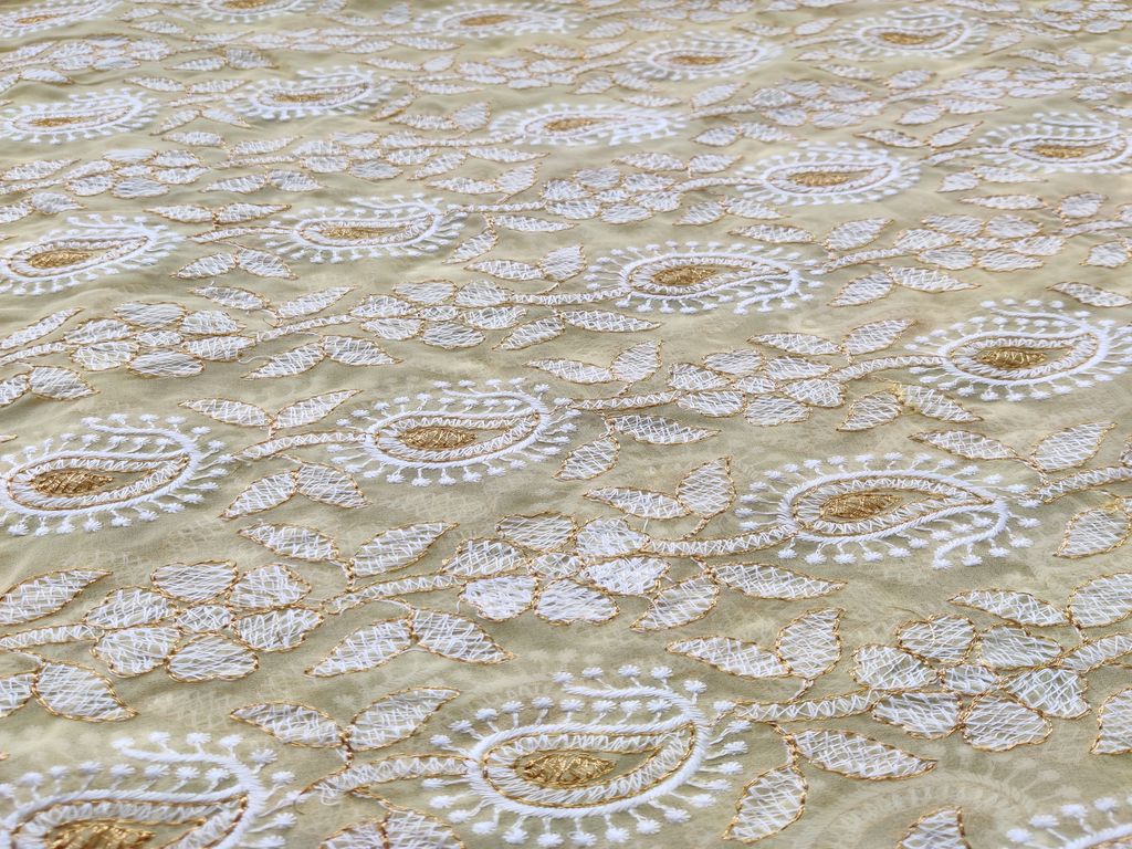 Yellow White Golden Zari Chikankari Embroidered Georgette Fabric