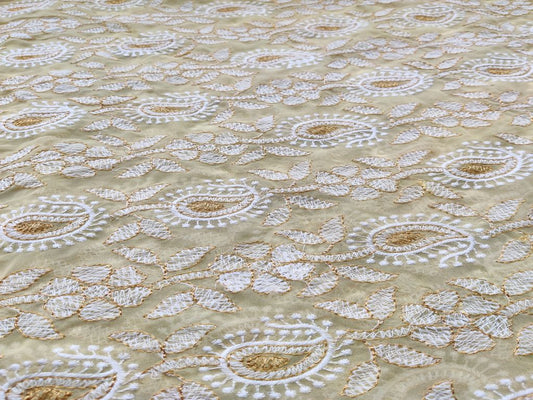 Yellow White Golden Zari Chikankari Embroidered Georgette Fabric