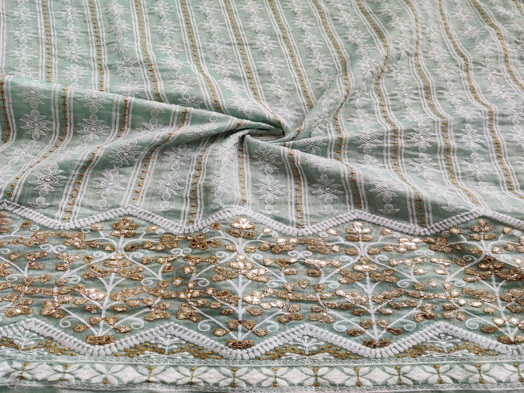 Mint Green Lakhnawi & Mirror Work Floral Embroidered Chanderi Fabric