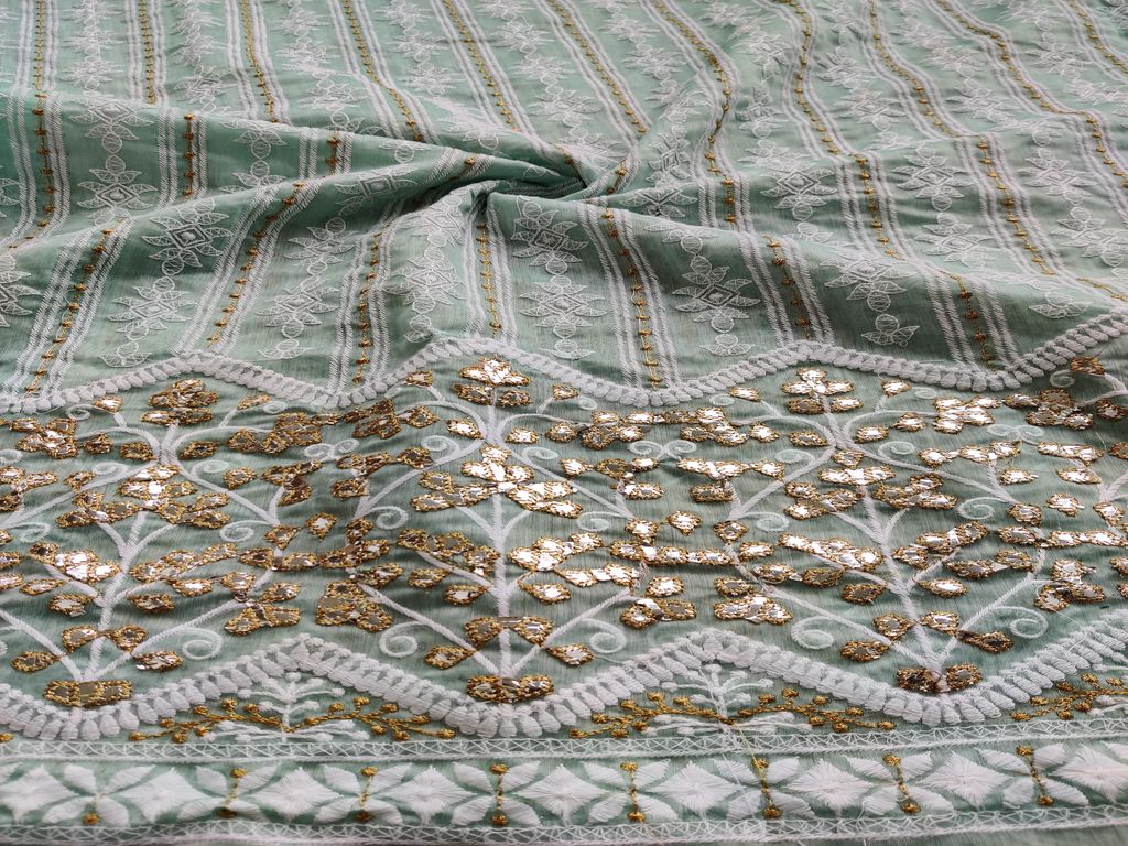 Mint Green Lakhnawi & Mirror Work Floral Embroidered Chanderi Fabric