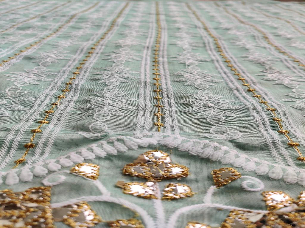 Mint Green Lakhnawi & Mirror Work Floral Embroidered Chanderi Fabric