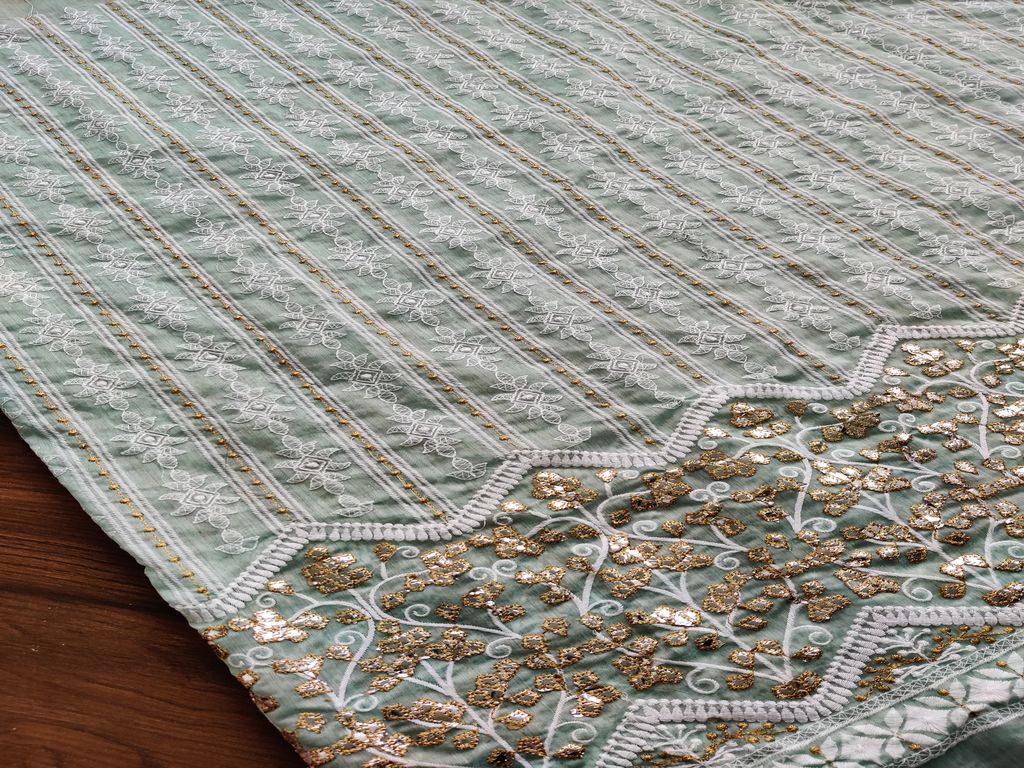 Mint Green Lakhnawi & Mirror Work Floral Embroidered Chanderi Fabric