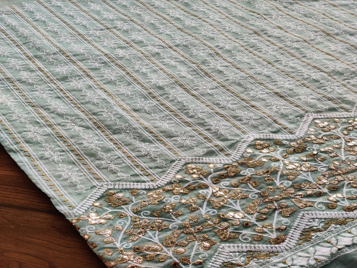 Mint Green Lakhnawi & Mirror Work Floral Embroidered Chanderi Fabric