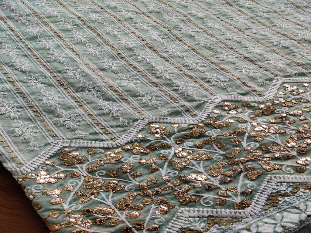 Mint Green Lakhnawi & Mirror Work Floral Embroidered Chanderi Fabric