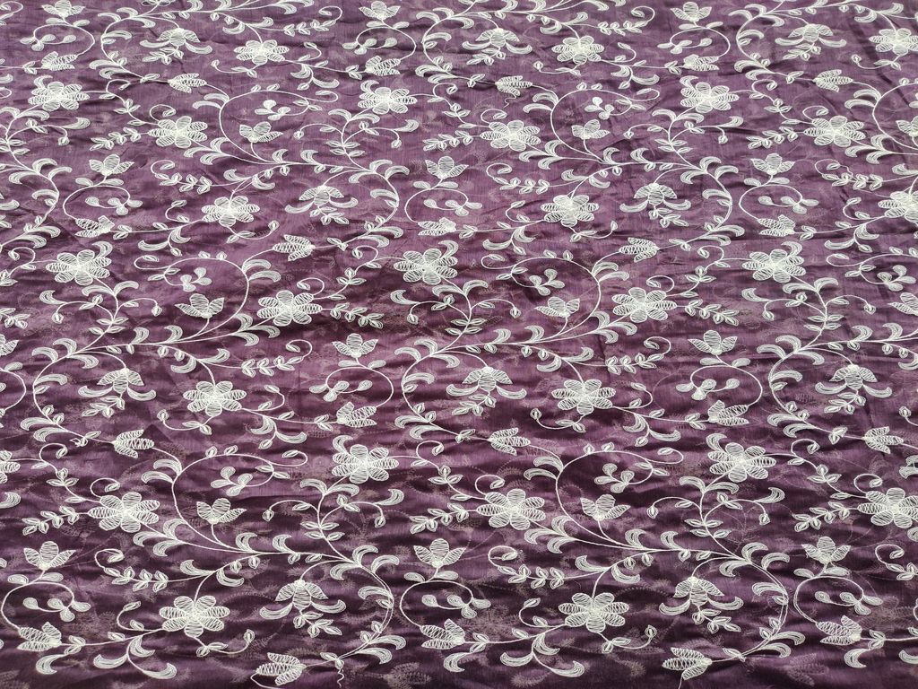 Mauve White Chikankari Flowers Embroidered Chanderi Fabric