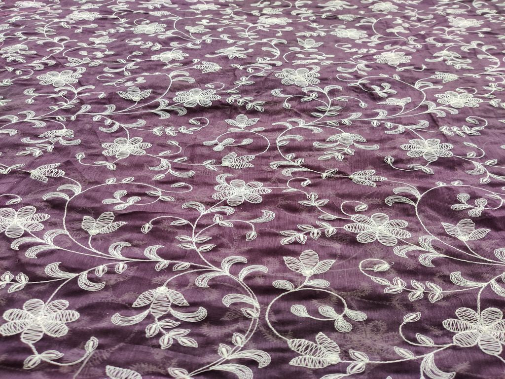 Mauve White Chikankari Flowers Embroidered Chanderi Fabric