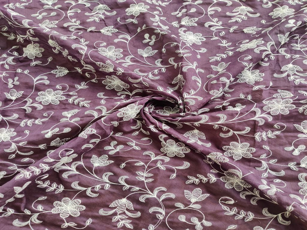 Mauve White Chikankari Flowers Embroidered Chanderi Fabric