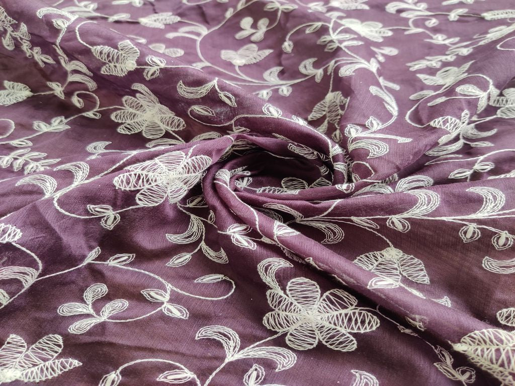 Mauve White Chikankari Flowers Embroidered Chanderi Fabric