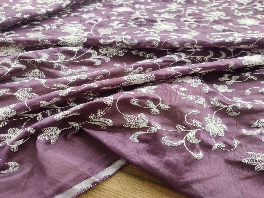 Mauve White Chikankari Flowers Embroidered Chanderi Fabric