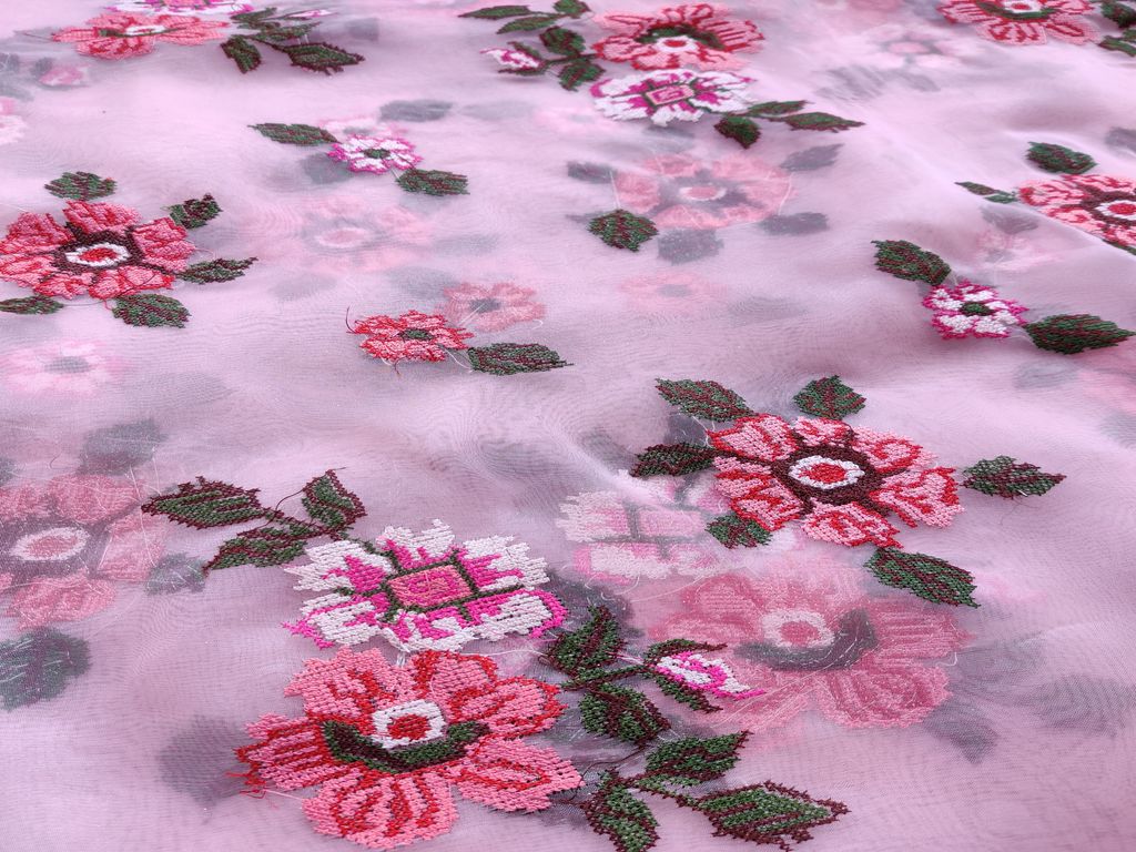 Pink Flowers Thread Embroidered Organza Fabric