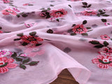 Pink Flowers Thread Embroidered Organza Fabric