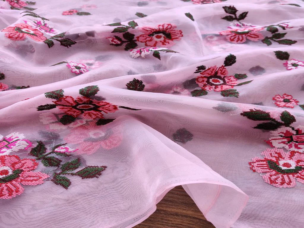 Pink Flowers Thread Embroidered Organza Fabric