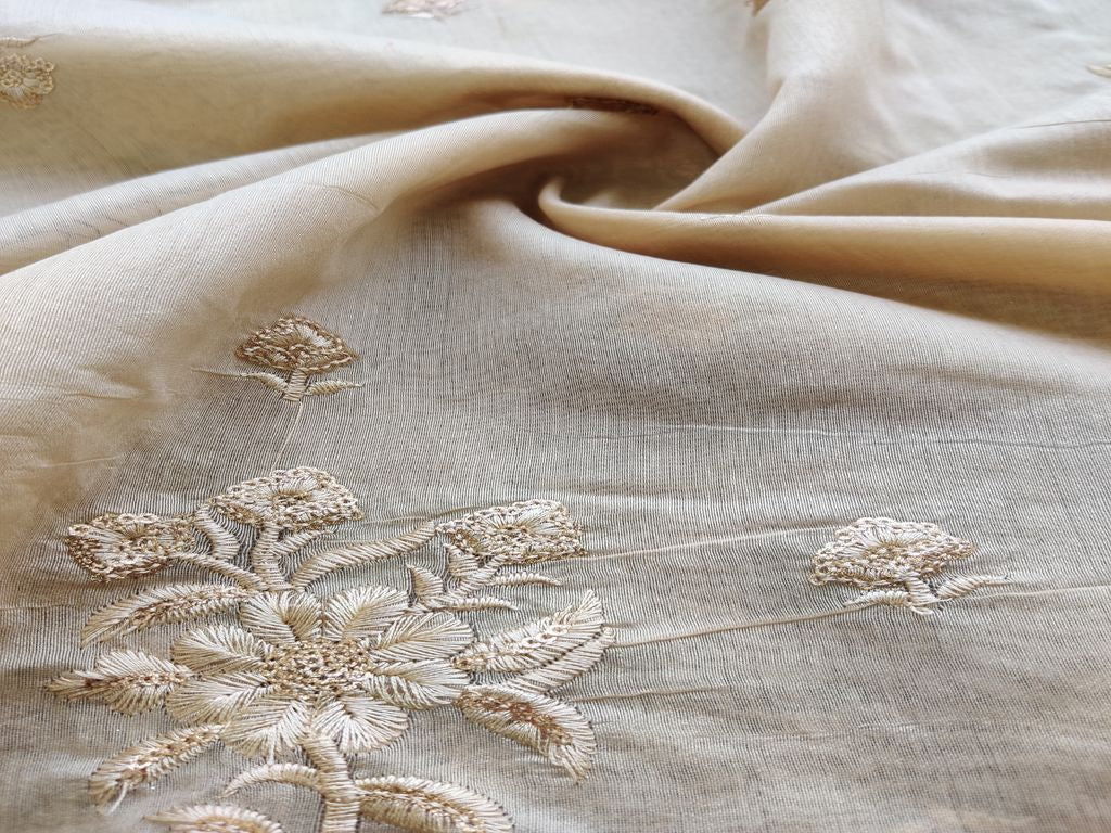 Beige Self Embroidered Floral Motifs Chanderi Fabric