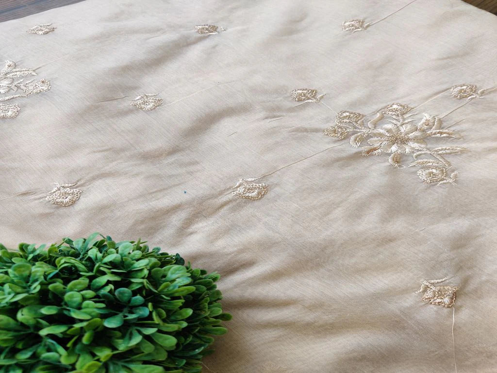 Beige Self Embroidered Floral Motifs Chanderi Fabric