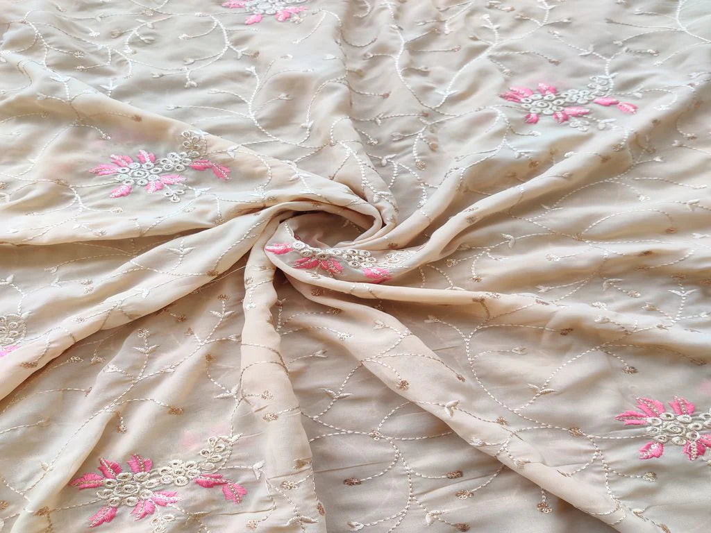 Beige Sequins and Thread Embroidered Flowers Georgette Fabric
