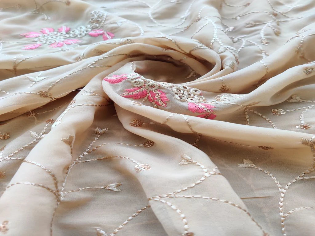 Beige Sequins and Thread Embroidered Flowers Georgette Fabric