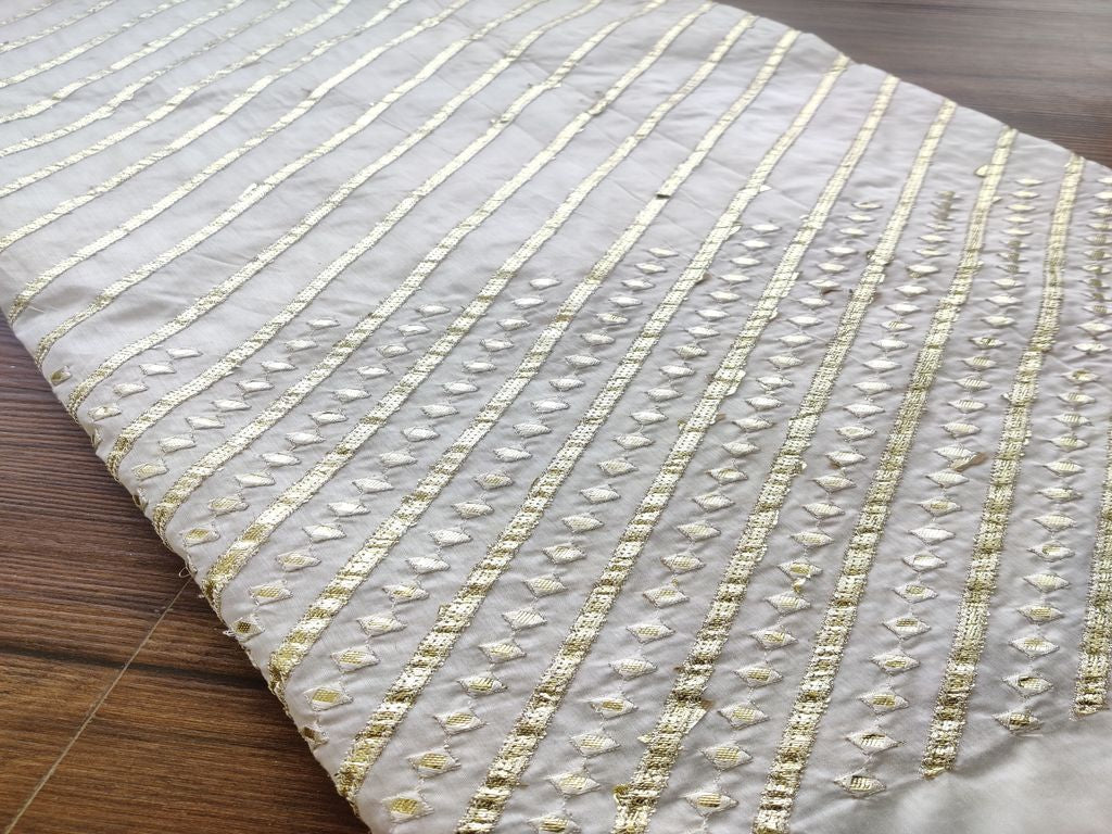 White Stripes Machine Embroidered Gota Patti Chanderi Fabric