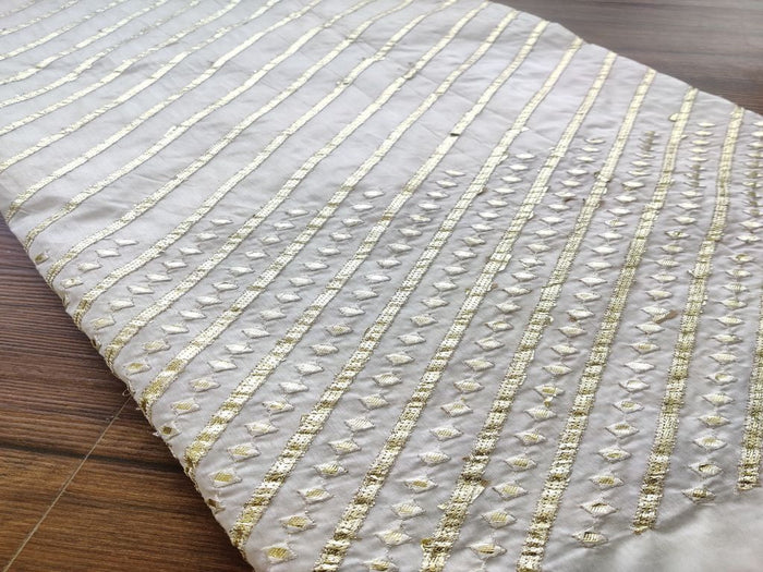 White Stripes Machine Embroidered Gota Patti Chanderi Fabric