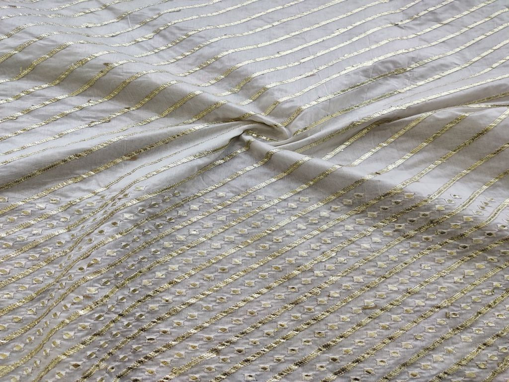 White Stripes Machine Embroidered Gota Patti Chanderi Fabric