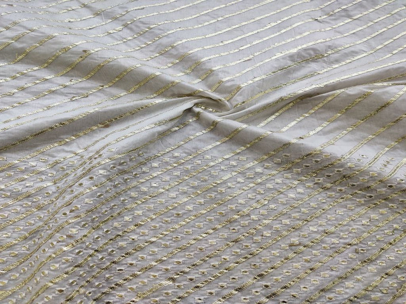 White Stripes Machine Embroidered Gota Patti Chanderi Fabric