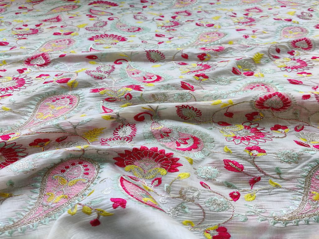 White Multicoloured Thread & Silver Zari Embroidered Flowers Chanderi Fabric