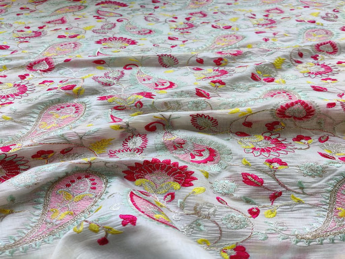 White Multicoloured Thread & Silver Zari Embroidered Flowers Chanderi Fabric