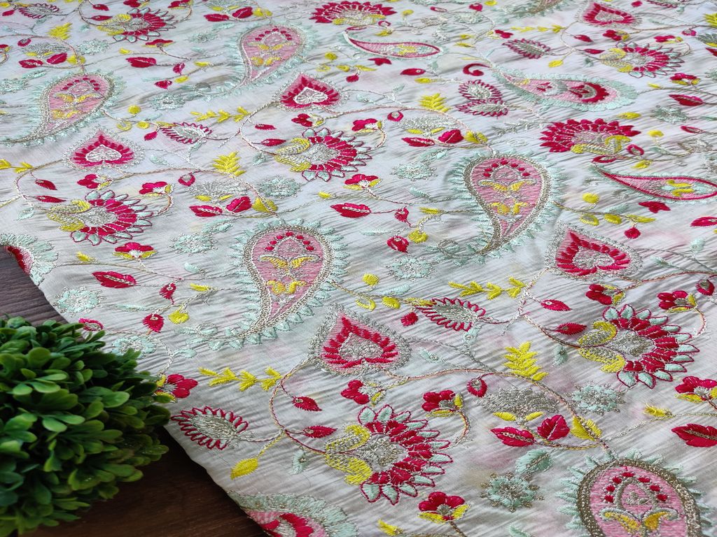 White Multicoloured Thread & Silver Zari Embroidered Flowers Chanderi Fabric