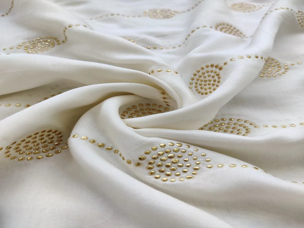 White Golden Geometric Golden Embellished Dots Dyeable Muslin Cotton Fabric