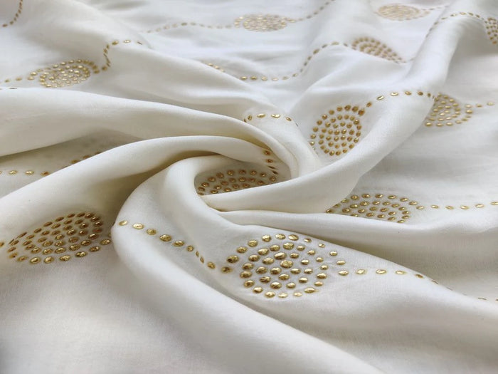 White Golden Geometric Golden Embellished Dots Dyeable Muslin Cotton Fabric