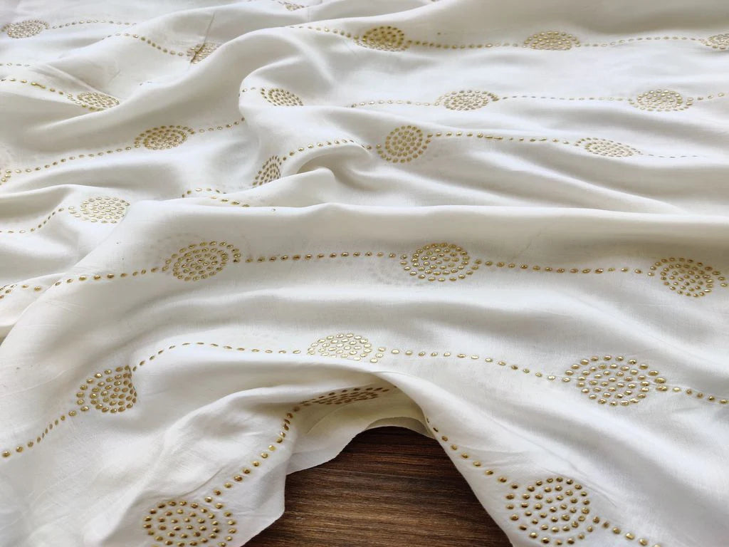 White Golden Geometric Golden Embellished Dots Dyeable Muslin Cotton Fabric